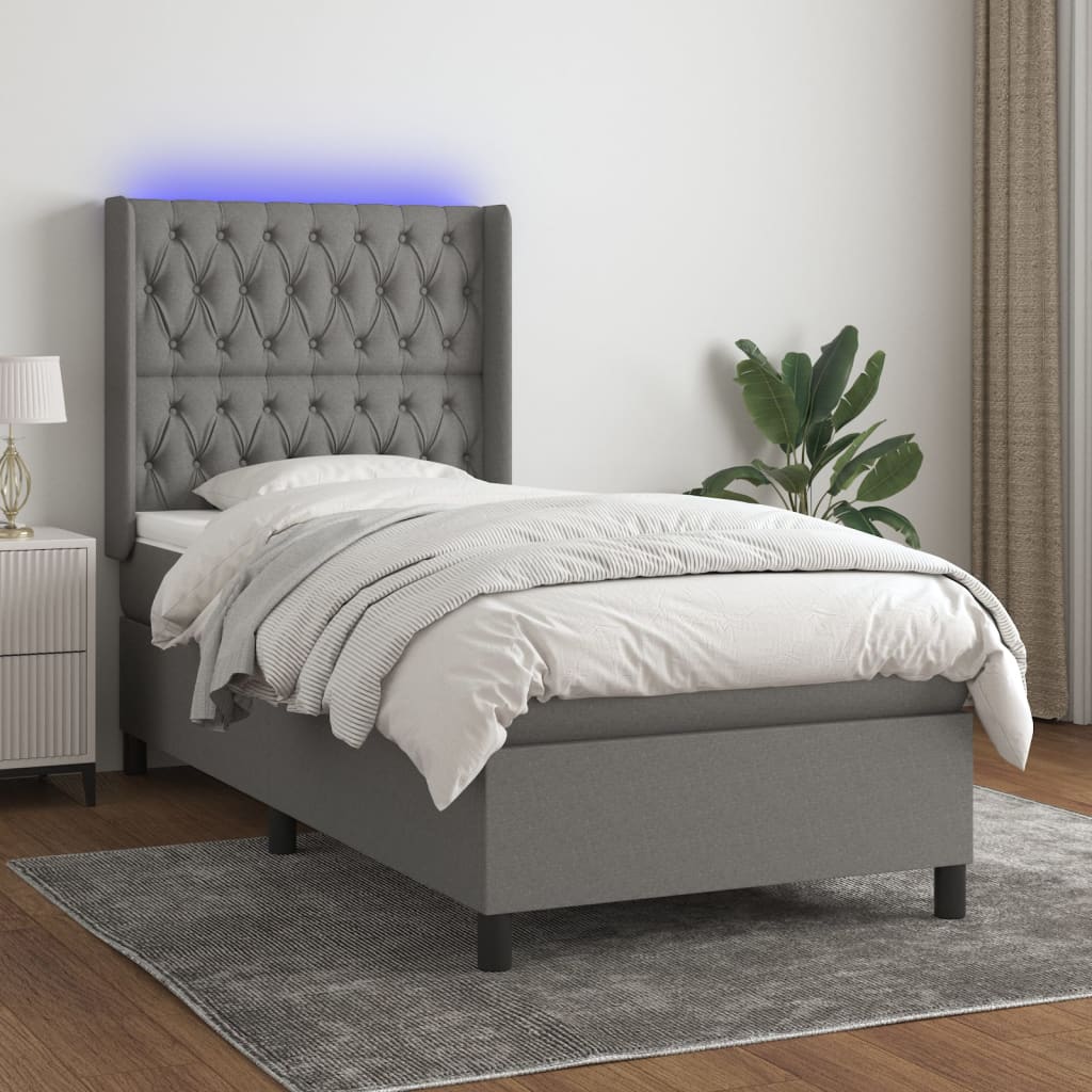 vidaXL Boxspringbett mit Matratze & LED Dunkelgrau 90x190 cm Stoff