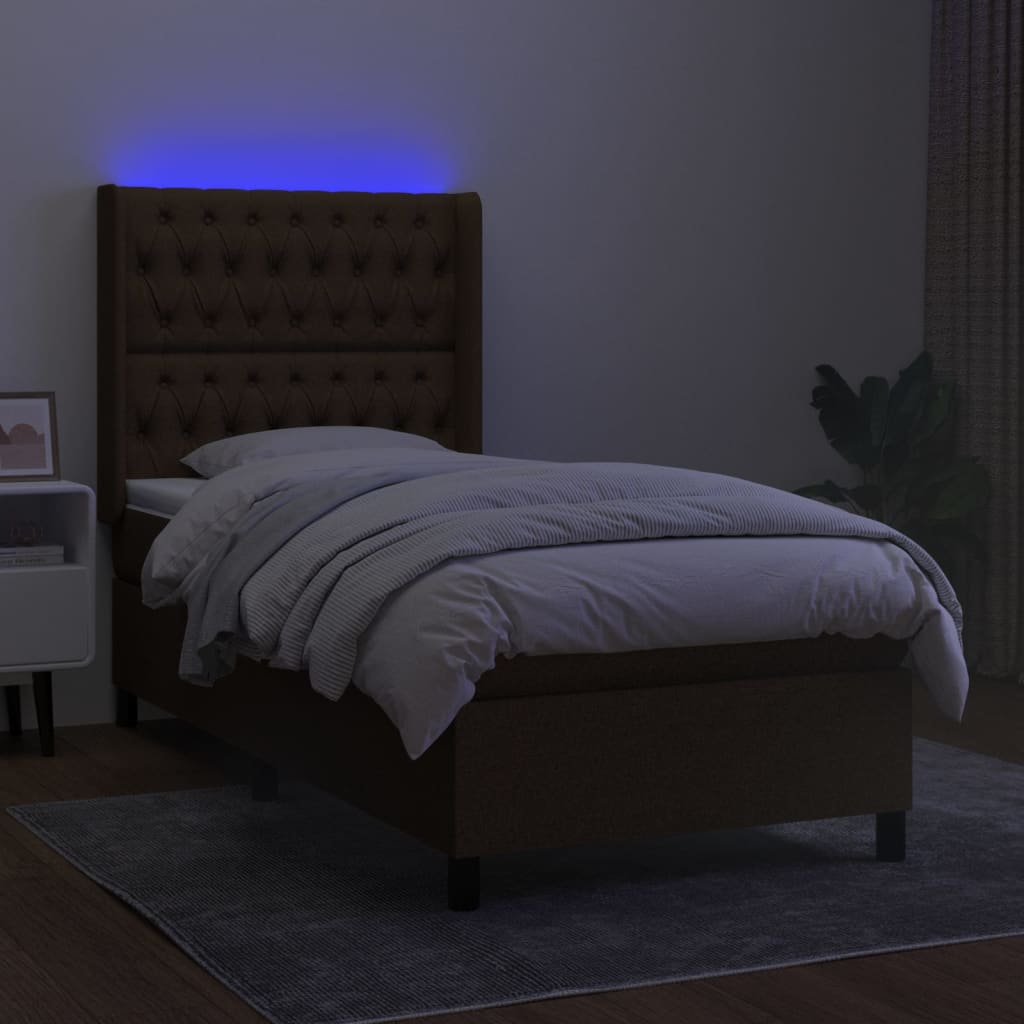 vidaXL Boxspring met matras en LED stof donkerbruin 90x190 cm afbeelding