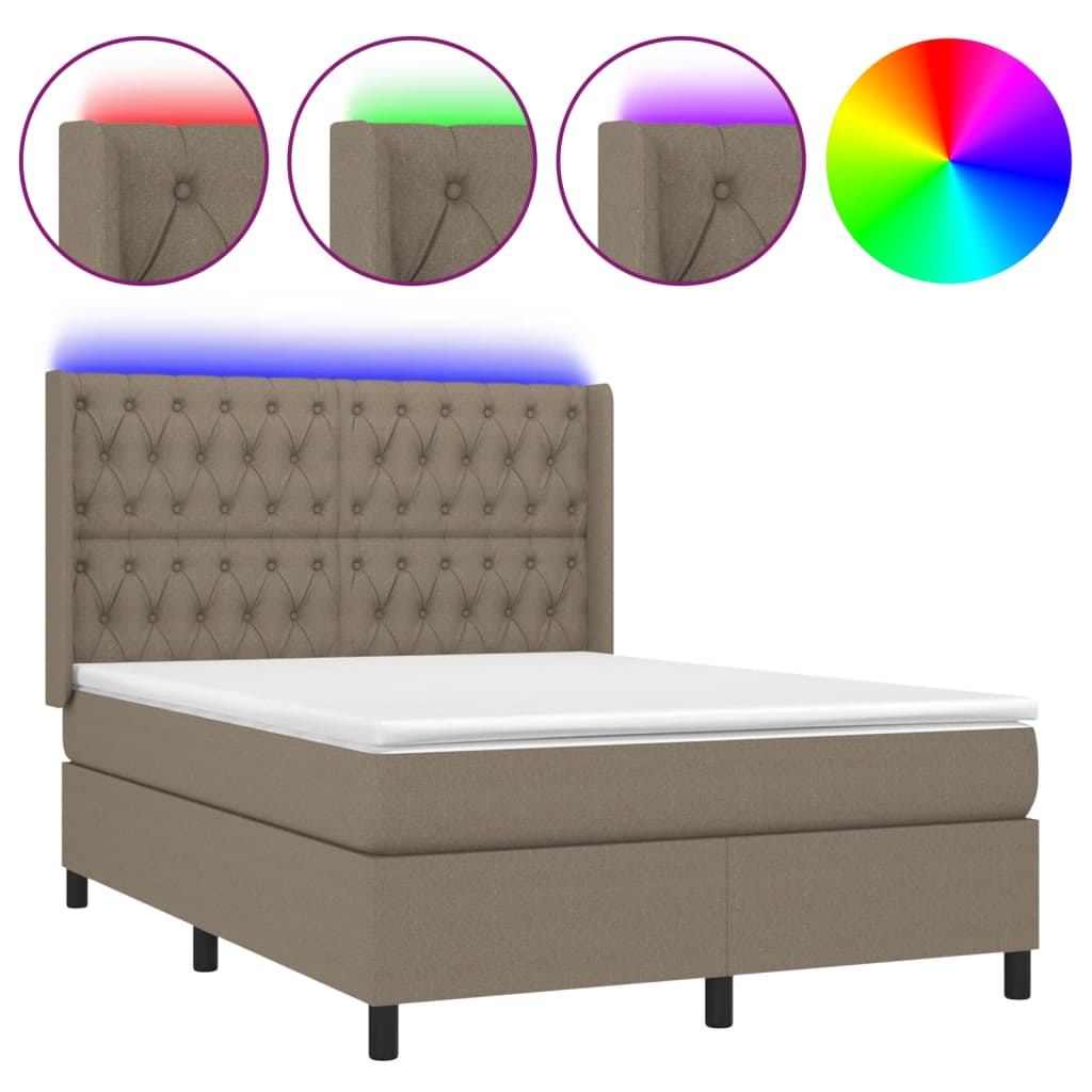 vidaXL Box spring postelja z vzmetnico LED taupe 140x190 cm blago