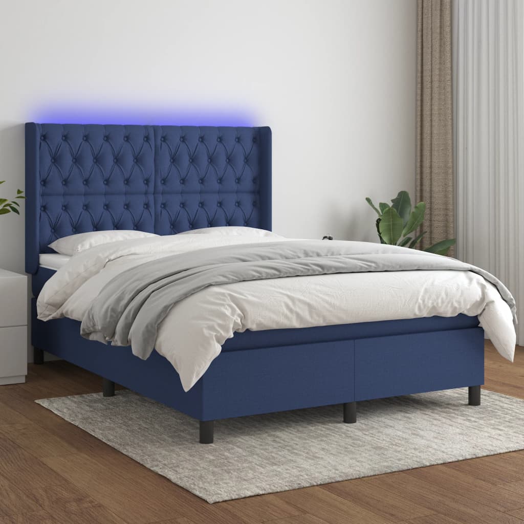 vidaXL Pat cu arcuri, saltea È™i LED, albastru, 140×190 cm, textil