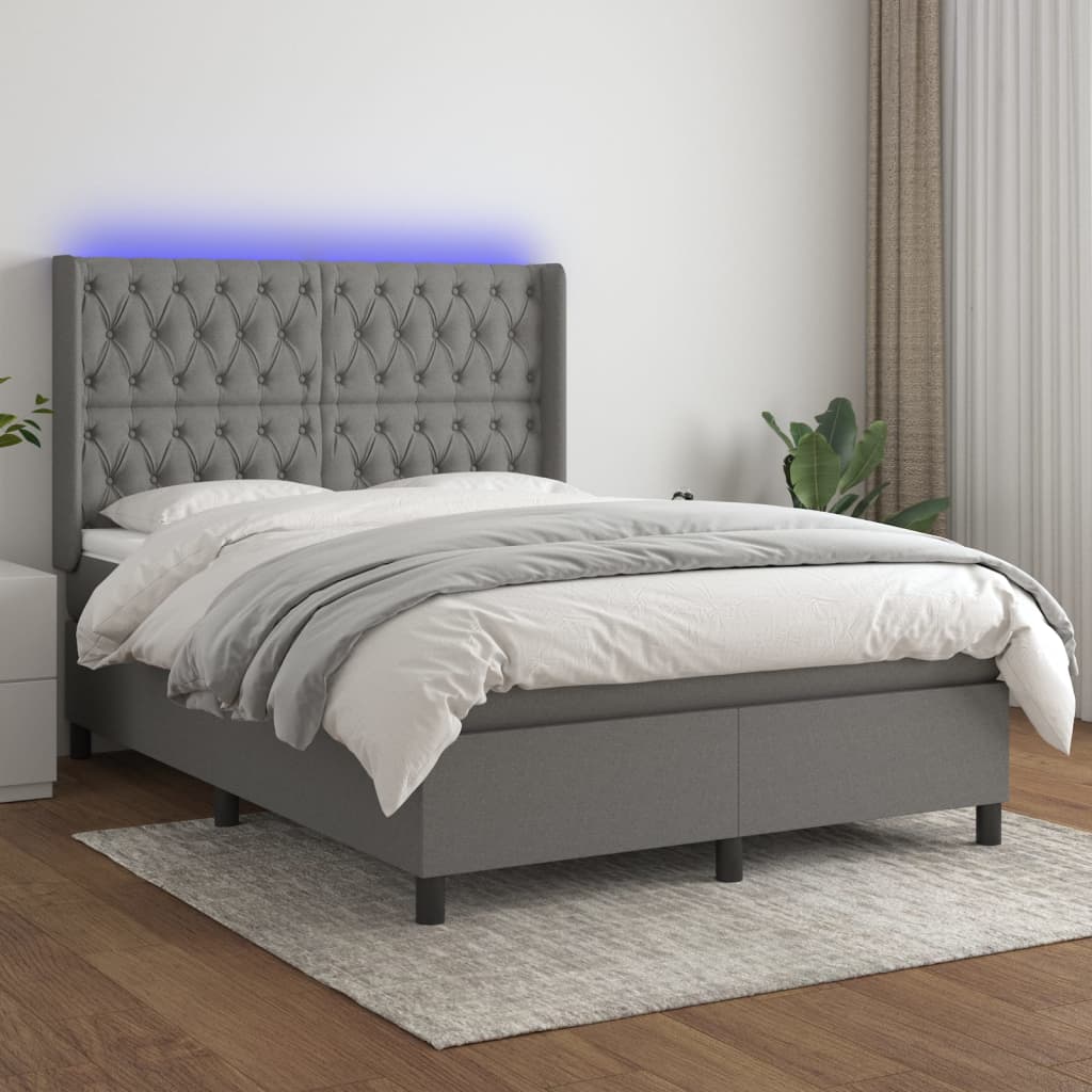 vidaXL Boxspringbett mit Matratze & LED Dunkelgrau 140x200 cm Stoff