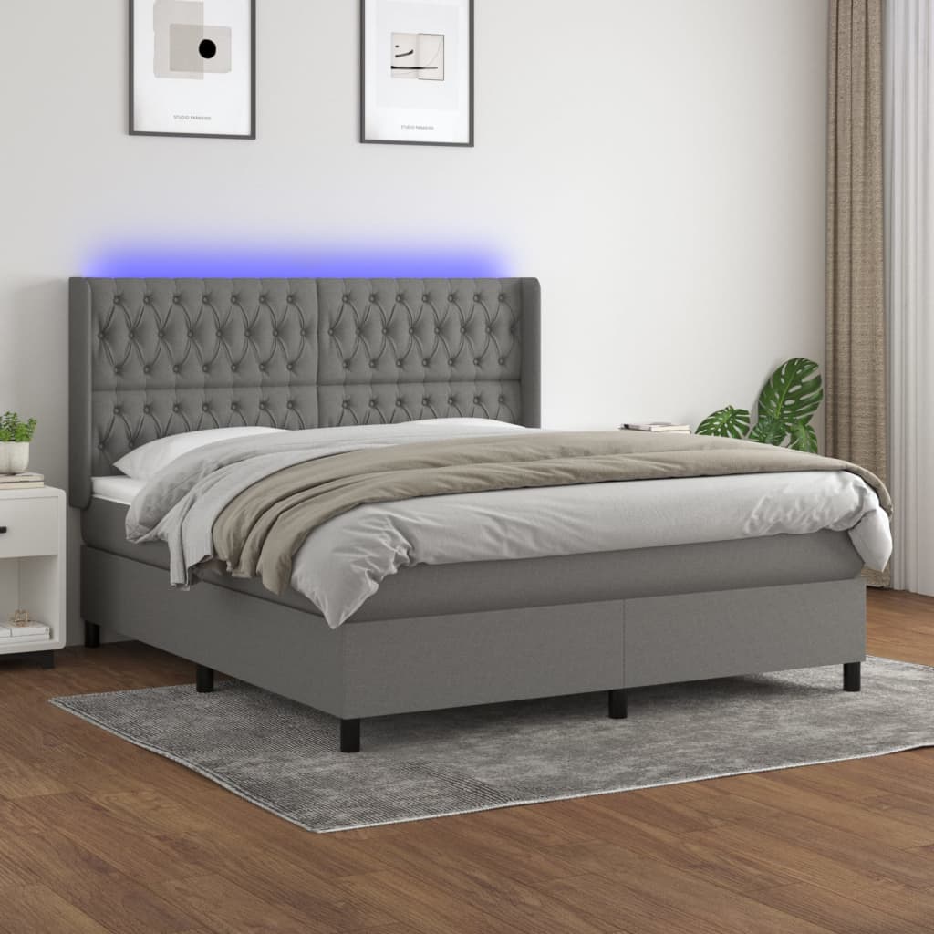 Sommier tapissier et matelas et LED Gris foncé 160x200 cm Tissu
