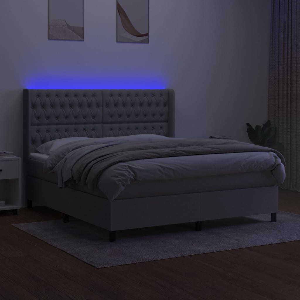 vidaXL Boxspring met matras en LED stof lichtgrijs 180x200 cm afbeelding