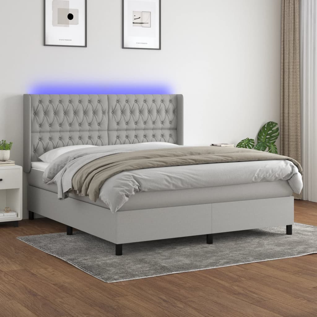 vidaXL Pat cu arcuri, saltea și LED, gri deschis, 180×200 cm, textil 180x200 imagine noua