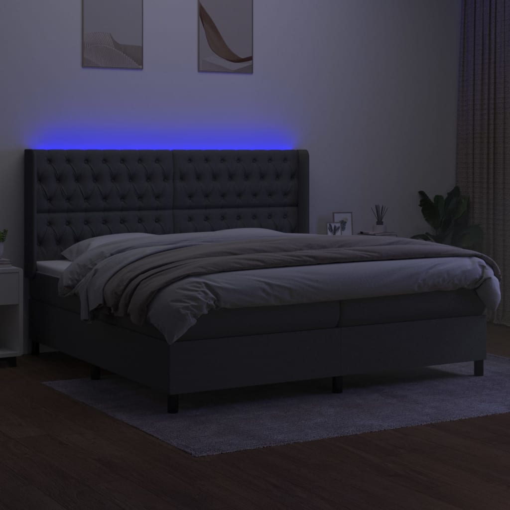 Box spring postelja z vzmetnico LED temno siva 200x200 cm blago