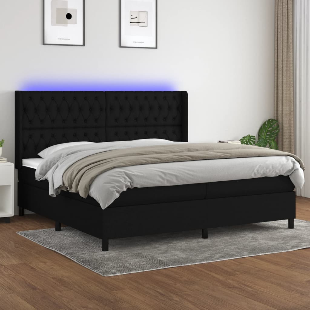 Sommier tapissier et matelas et LED Noir 200x200 cm Tissu
