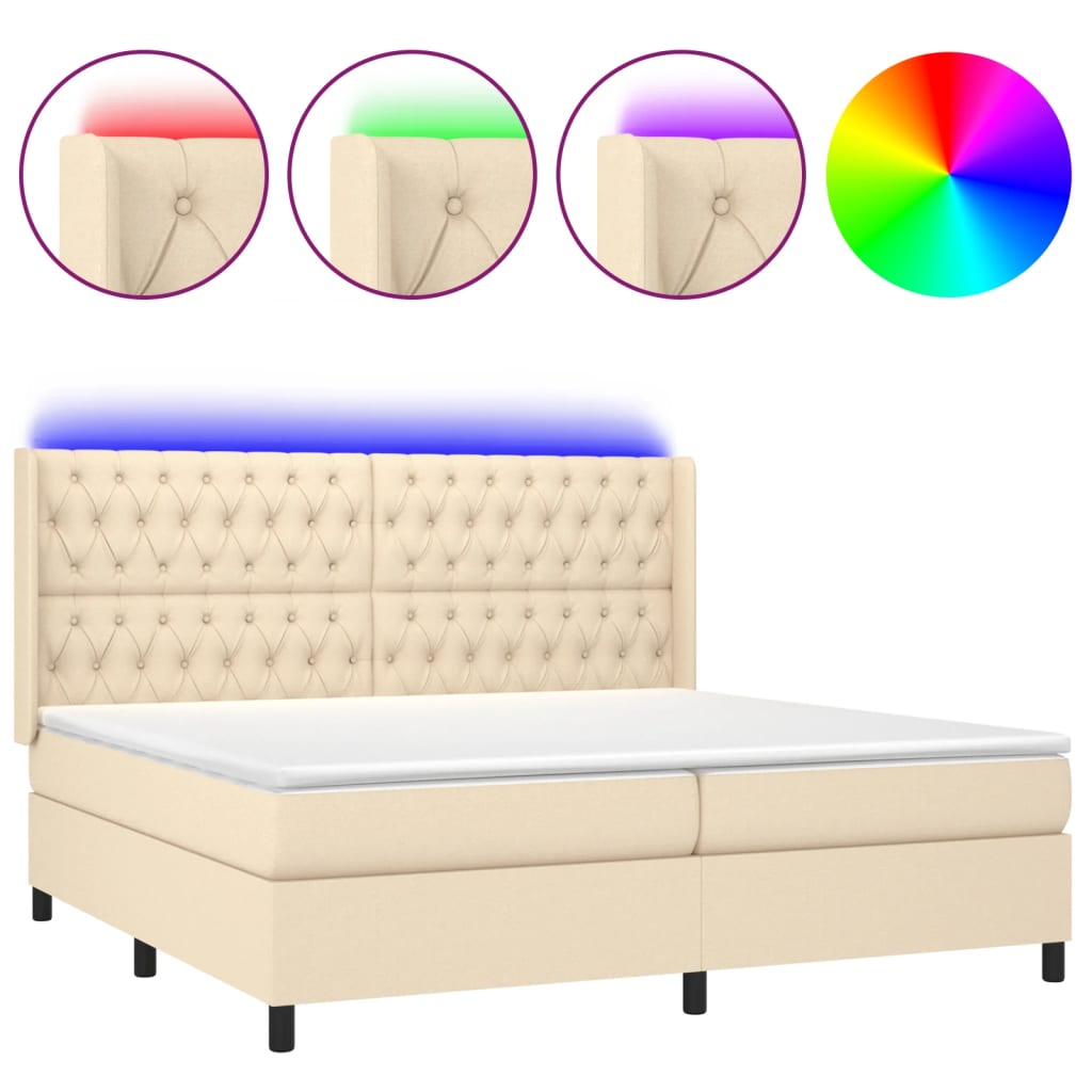 Box spring postel s matrací a LED krémová 200x200 cm textil