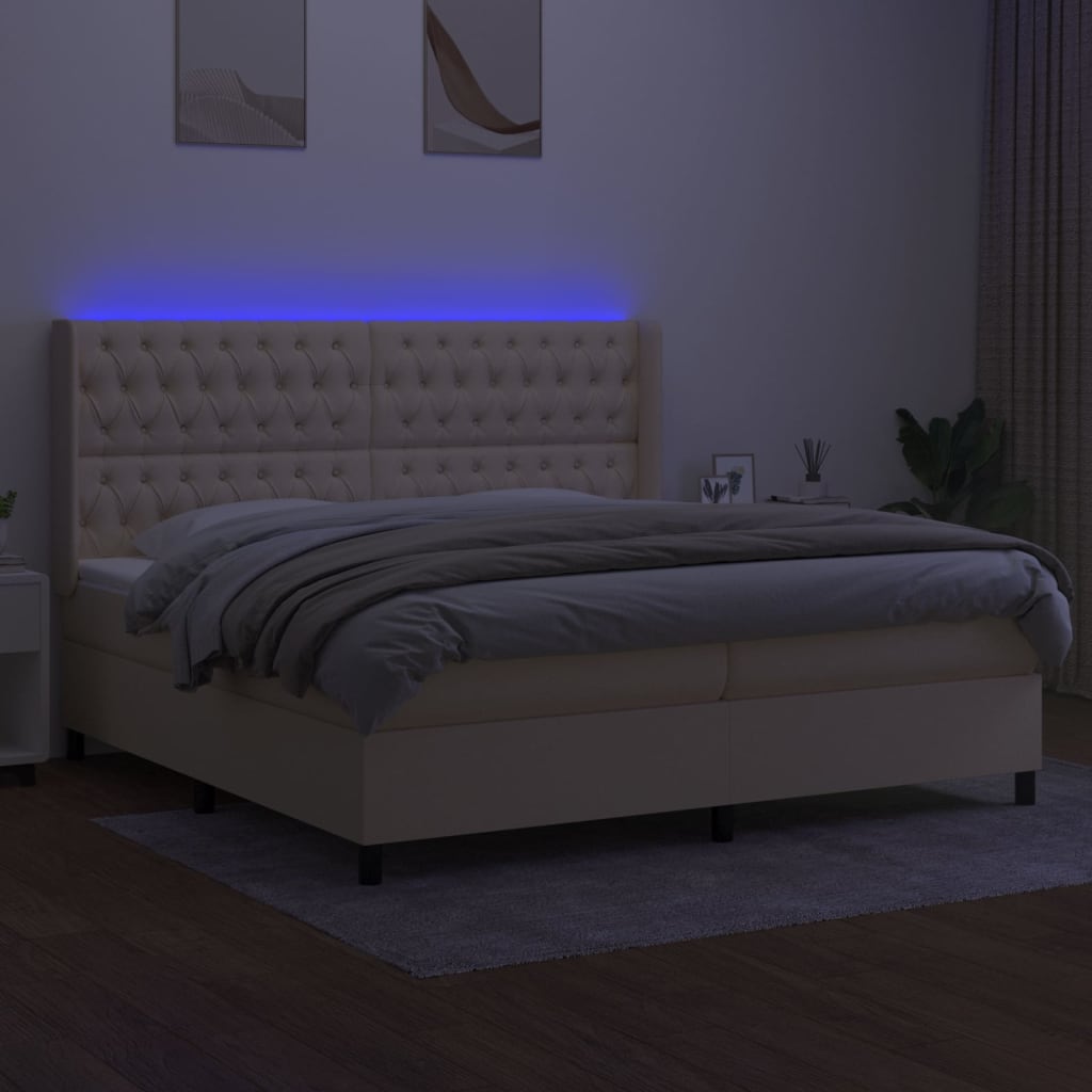 Box spring postelja z vzmetnico LED krem 200x200 cm blago