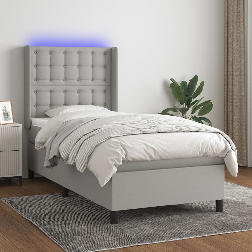 vidaXL Boxspringbett mit Matratze & LED Hellgrau 90x190 cm Stoff