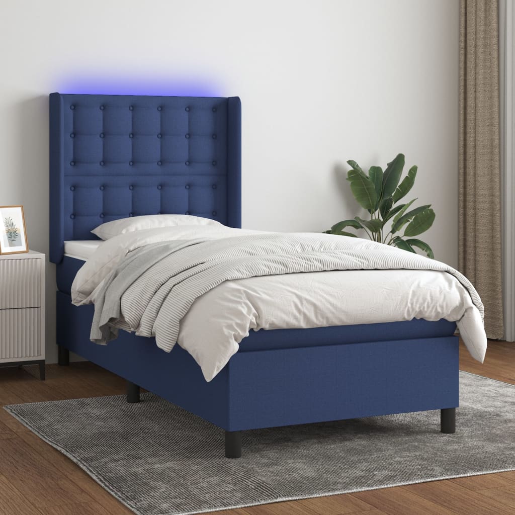 Sommier tapissier avec matelas et LED Bleu 90x190 cm Tissu