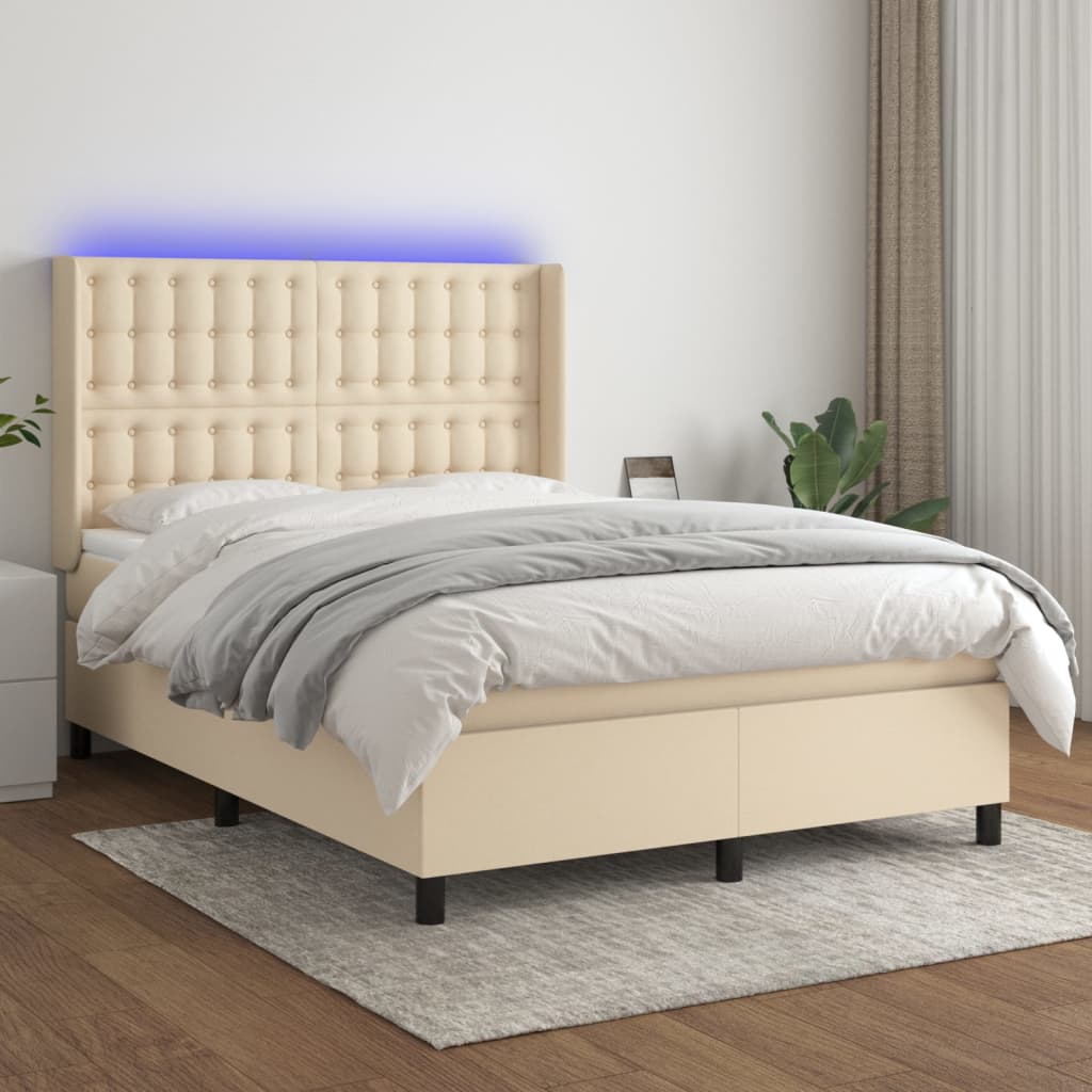 Box spring postel s matrací a LED krémová 140x200 cm textil