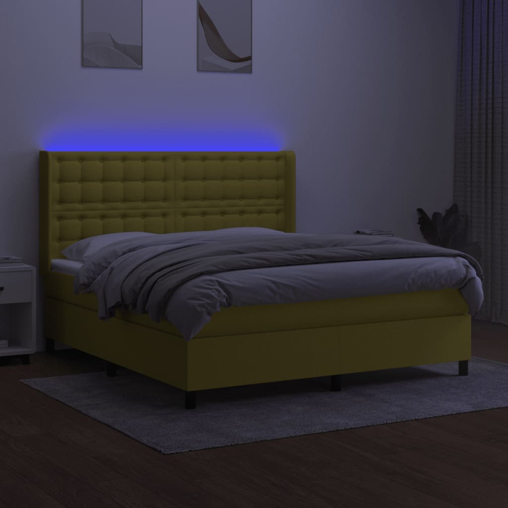 Zöld szövet rugós és LED-es ágy matraccal 180 x 200 cm 