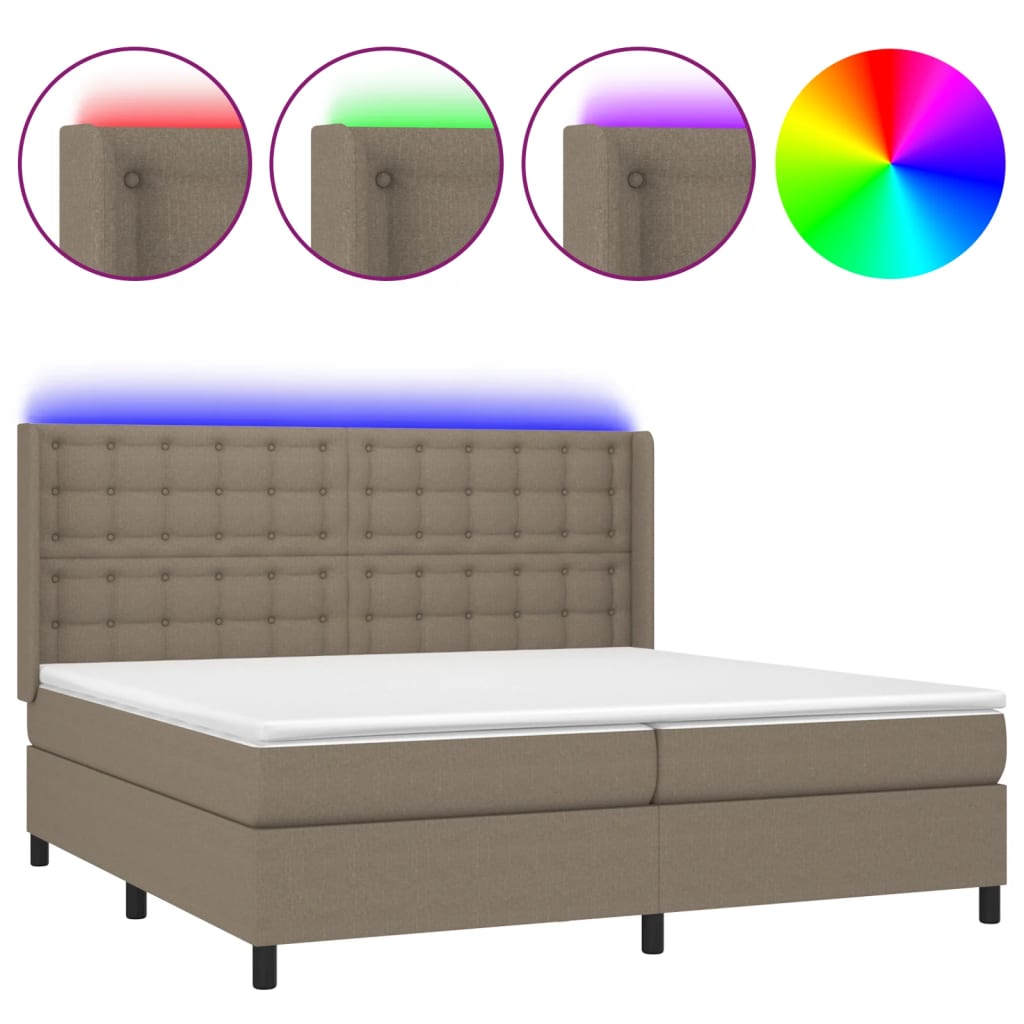 vidaXL Box spring postelja z vzmetnico LED taupe 200x200 cm blago