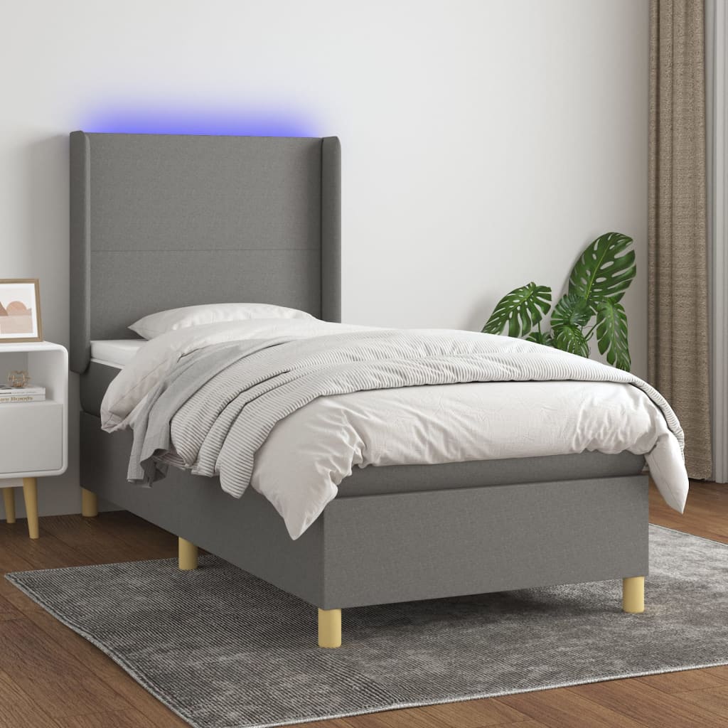 vidaXL Boxspringbett mit Matratze & LED Dunkelgrau 90x190 cm Stoff