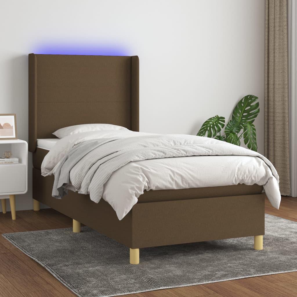 Barna szövet rugós és LED-es ágy matraccal 90x200 cm 