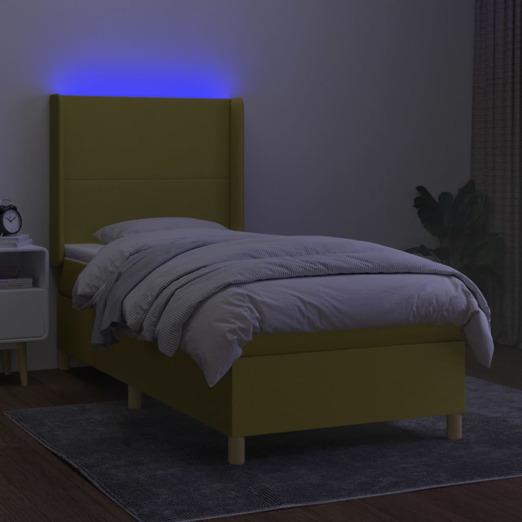 Box spring postel s matrací a LED zelená 90x200 cm textil