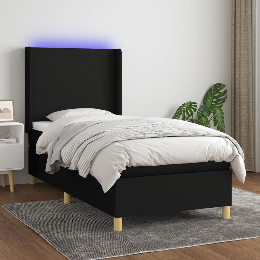 Box spring postel s matrací a LED černá 100x200 cm textil