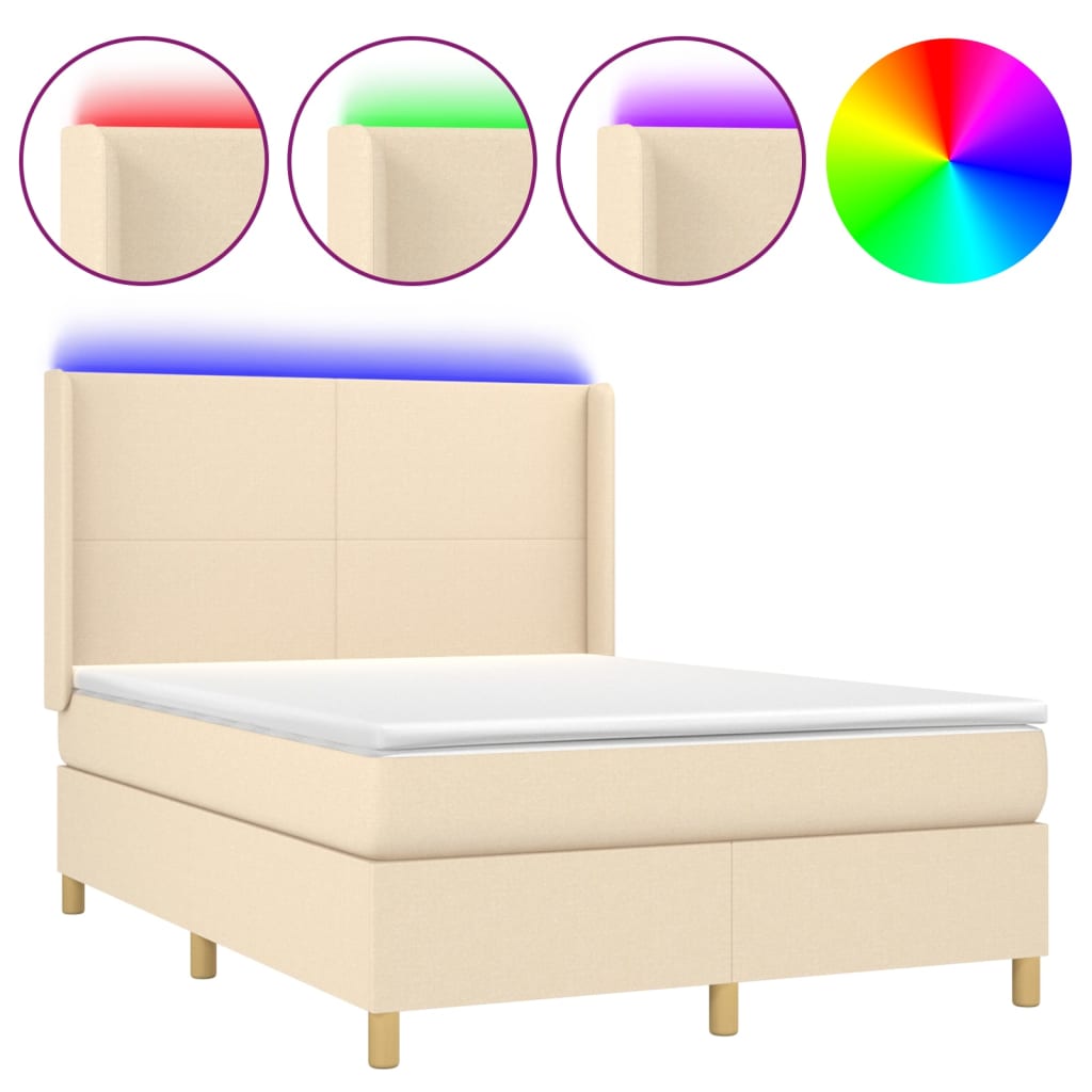 vidaXL Box spring postel s matrací a LED krémová 140x190 cm textil