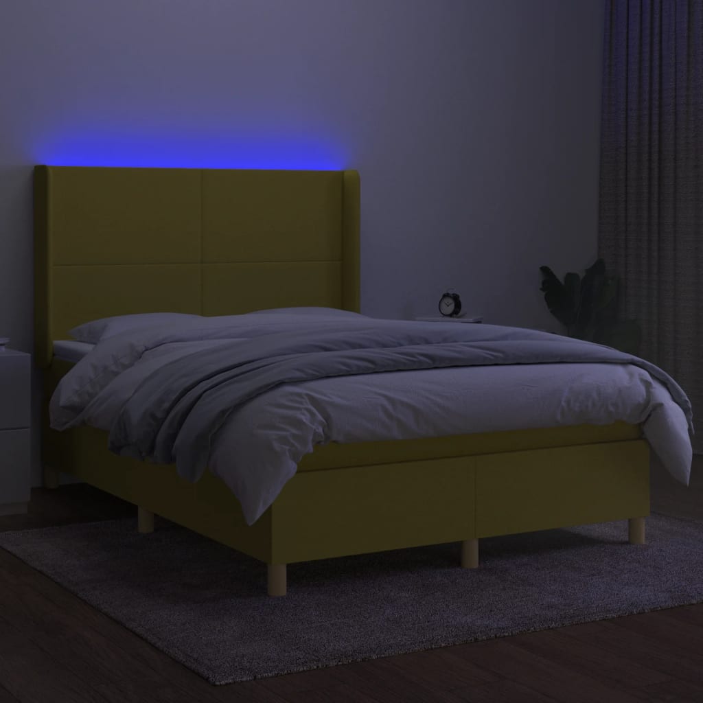 Zöld szövet rugós és LED-es ágy matraccal 140x190 cm 