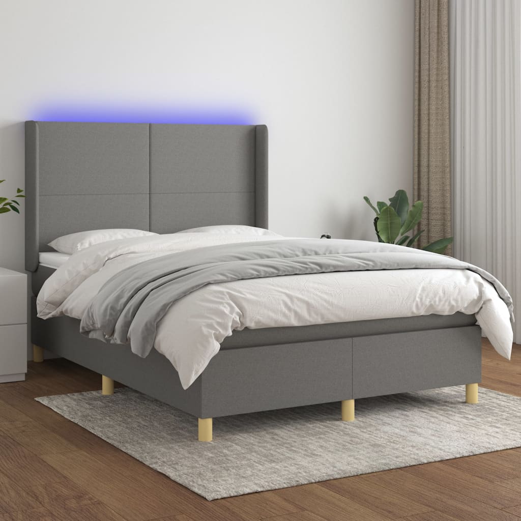 vidaXL Boxspringbett mit Matratze & LED Dunkelgrau 140x200 cm Stoff