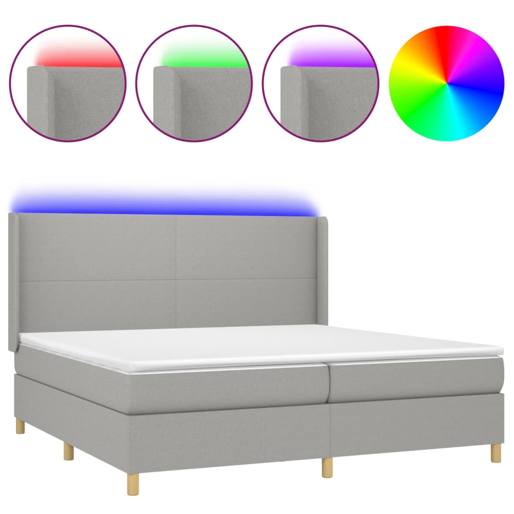 vidaXL Box spring postelja z vzmetnico LED sv. siva 200x200 cm blago