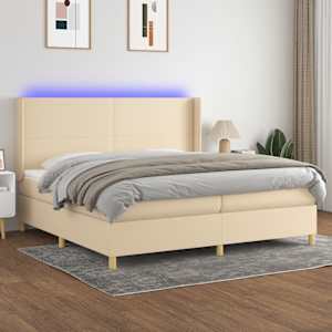 Box spring postel s matrací a LED krémová 200x200 cm textil - obrázek 1