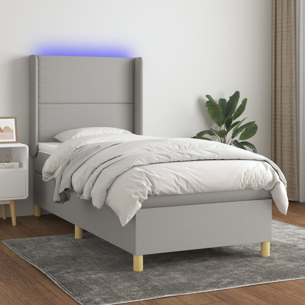 Világosszürke szövet rugós és LED-es ágy matraccal 80 x 200 cm 