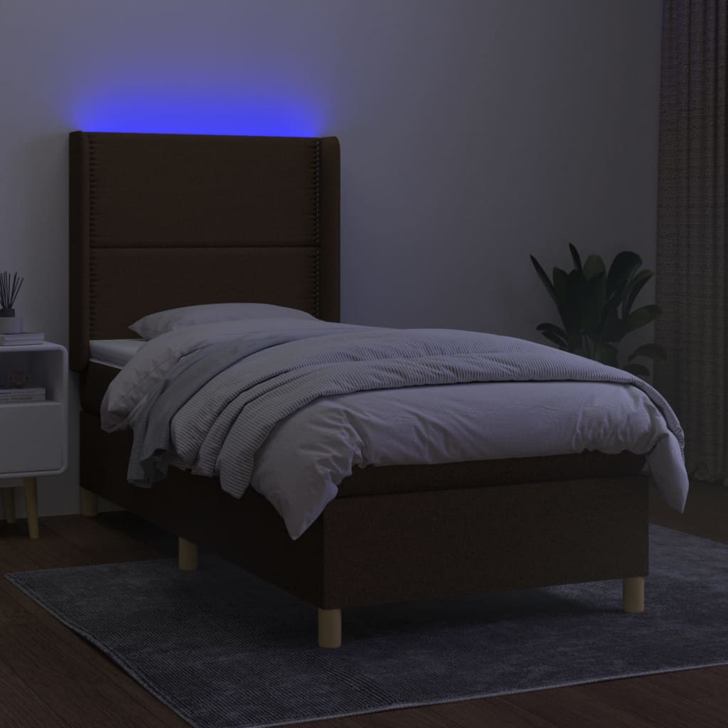 Barna szövet rugós és LED-es ágy matraccal 90x190 cm 