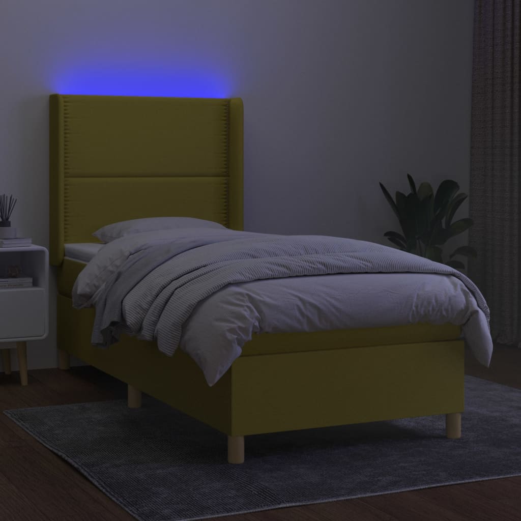 Zöld szövet rugós és LED-es ágy matraccal 90x200 cm 