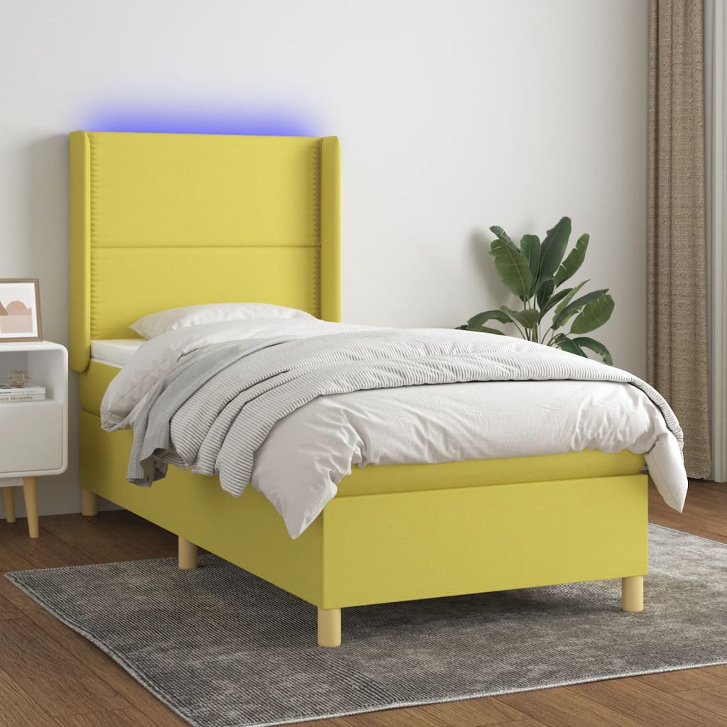 vidaXL Cama box spring c/ colchão e LED 90x200 cm tecido verde