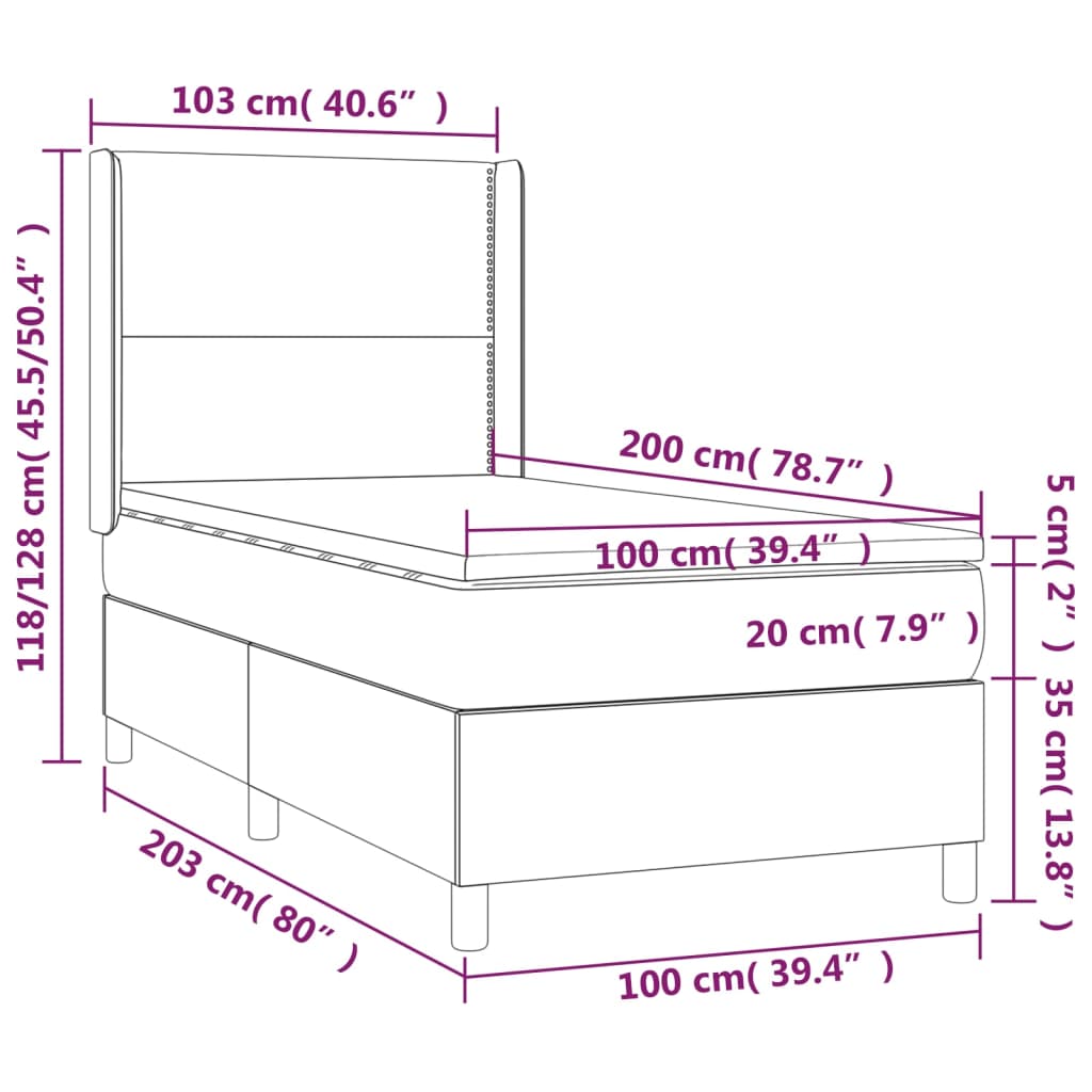 Box spring postelja z vzmetnico LED temno rjava 100x200cm blago