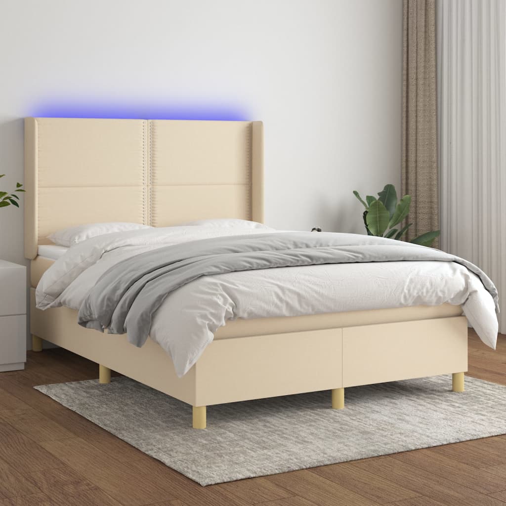 vidaXL Boxspringbett mit Matratze & LED Creme 140x190 cm Stoff