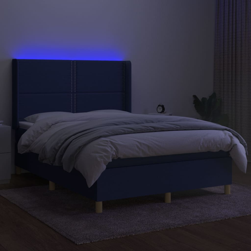 kék szövet rugós és LED-es ágy matraccal 140x190 cm