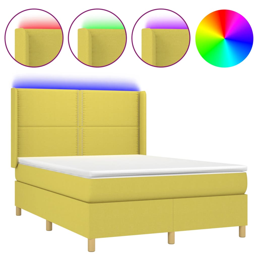 Box spring postel s matrací a LED zelená 140x200 cm textil