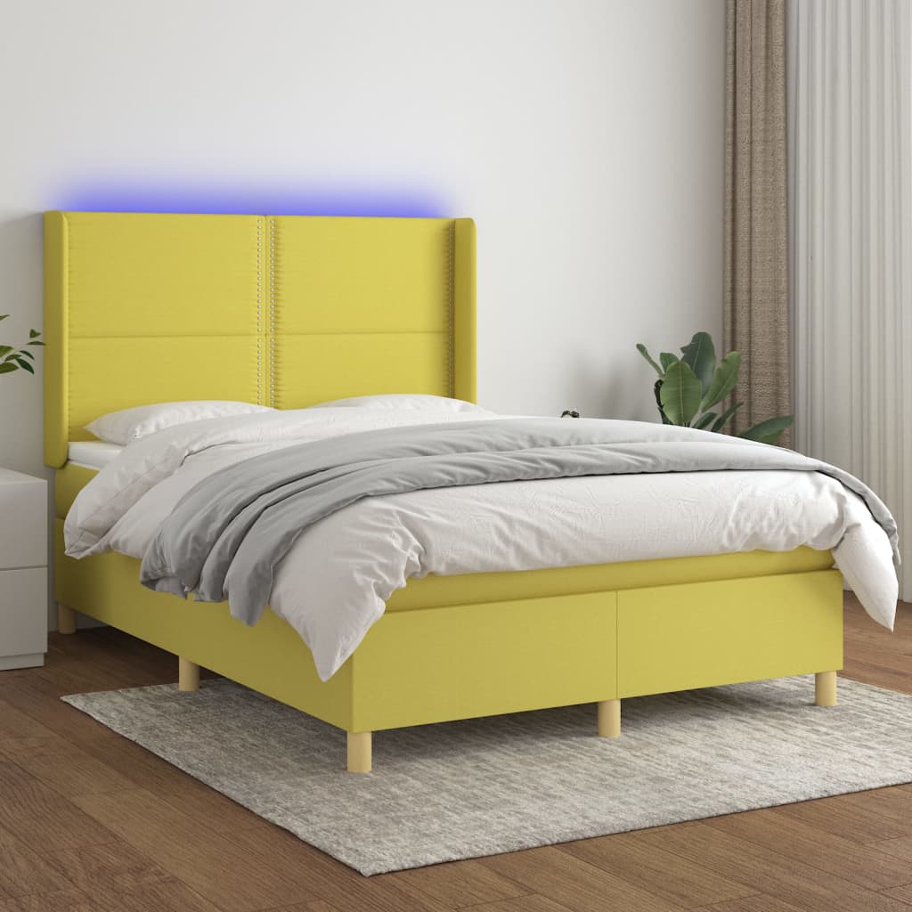 Box spring postel s matrací a LED zelená 140x200 cm textil