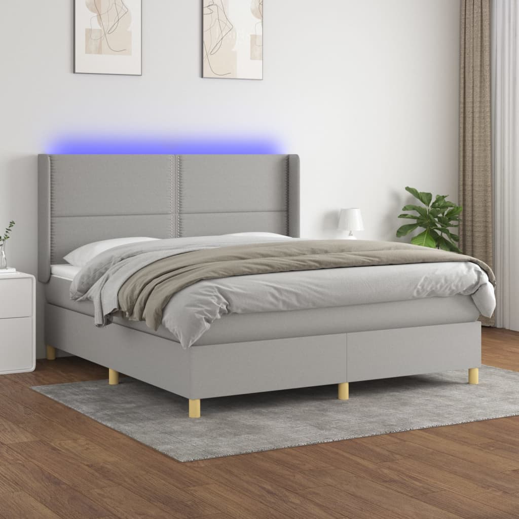 vidaXL Pat cu arcuri, saltea și LED, gri deschis, 160×200 cm, textil 160x200 imagine noua
