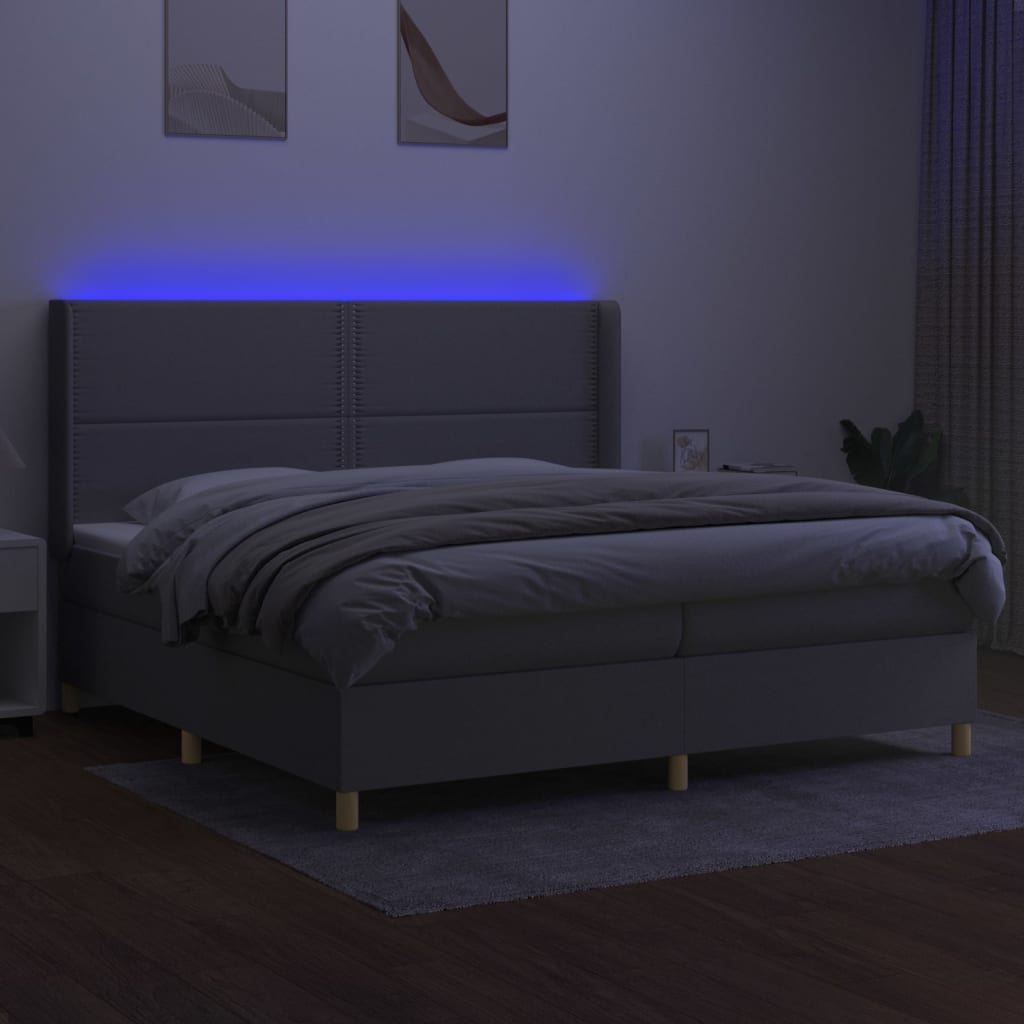 vidaXL Box spring postelja z vzmetnico LED sv. siva 200x200 cm blago