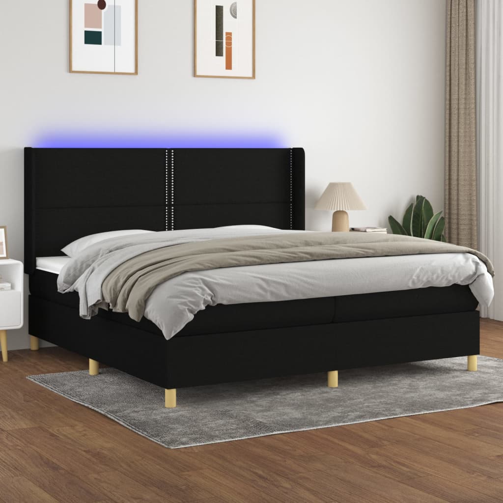 Box spring postelja z vzmetnico LED črna 200x200 cm blago