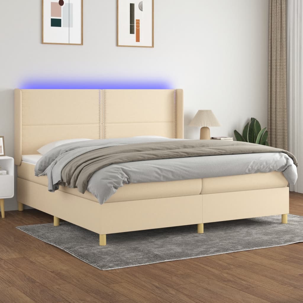 vidaXL Cama box spring c/ colchão e LED 200x200 cm tecido cor creme