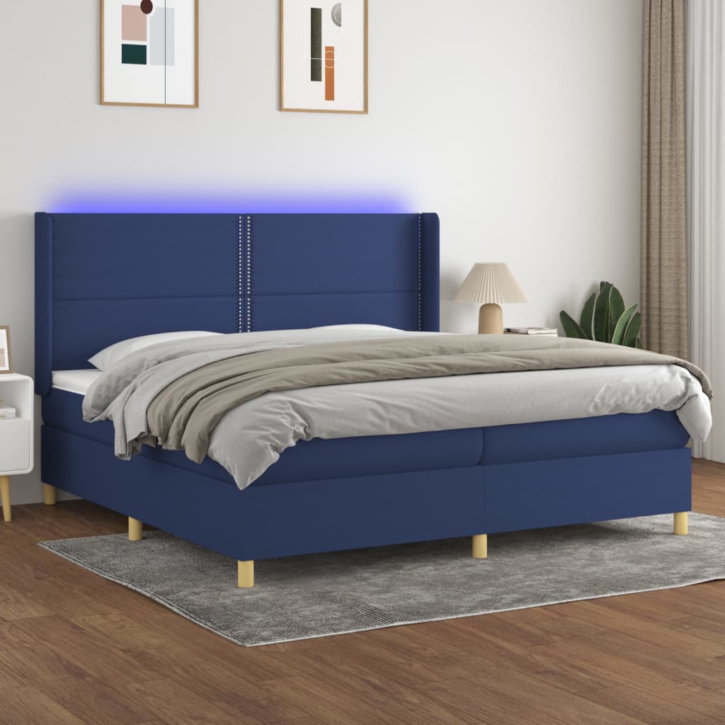 Box spring postel s matrací a LED modrá 200x200 cm textil