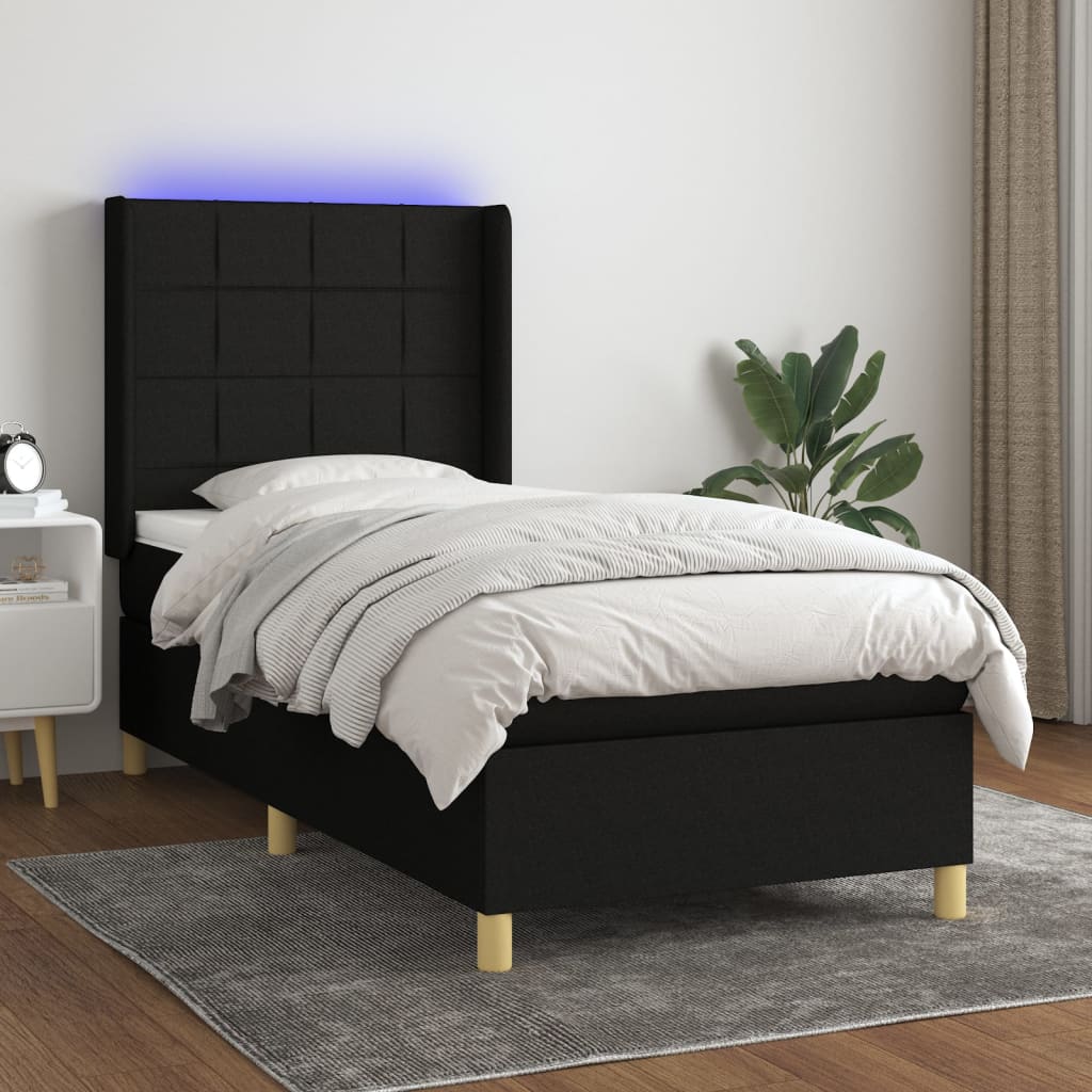 Box spring postel s matrací a LED černá 90x190 cm textil