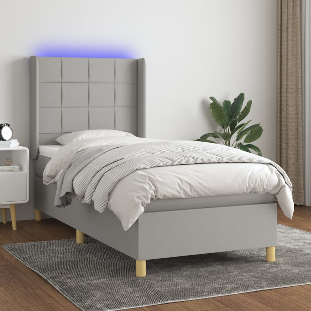 vidaXL Boxspringbett mit Matratze & LED Hellgrau 100x200 cm Stoff