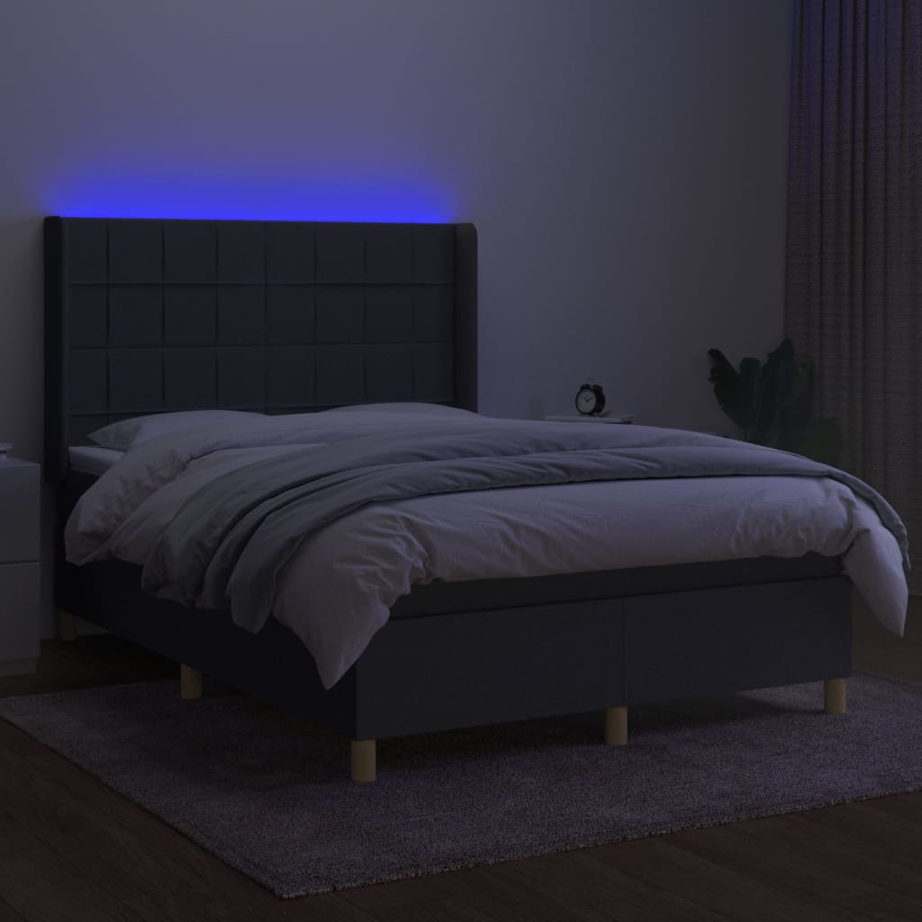 Sötétszürke szövet rugós és LED-es ágy matraccal 140x190 cm 