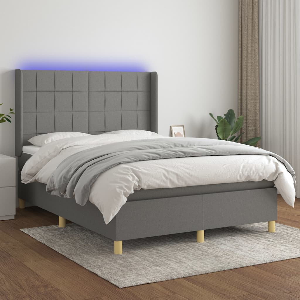 Sommier tapissier et matelas et LED Gris foncé 140x190 cm Tissu