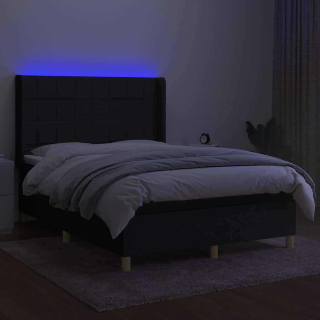 vidaXL Pat cu arcuri, saltea și LED, negru, 140x190 cm, textil