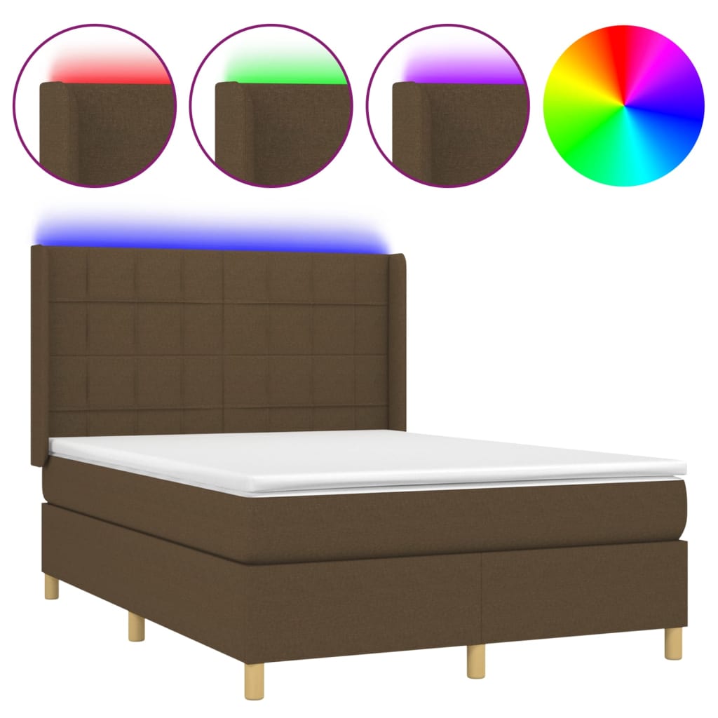vidaXL Box spring postel s matrací a LED tmavě hnědá 140x190 cm textil