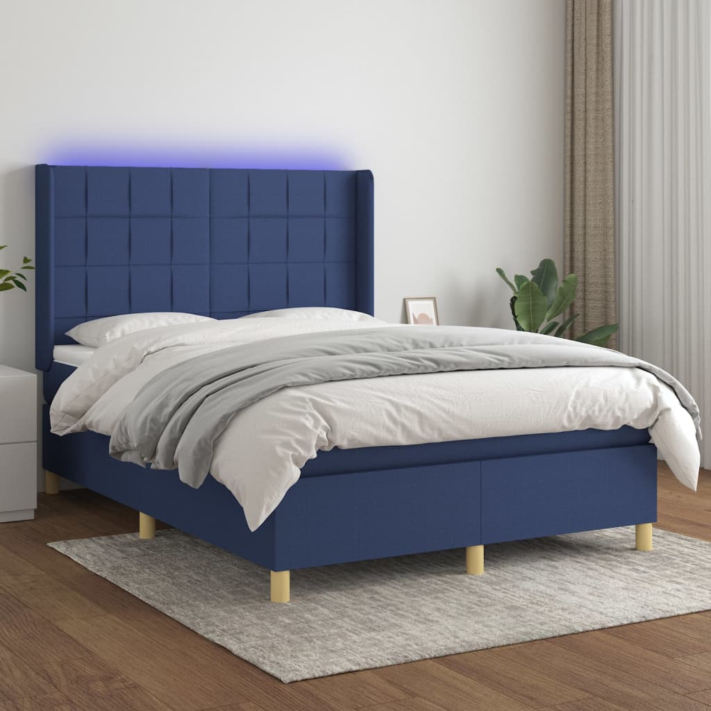 Box spring postel s matrací a LED modrá 140x190 cm textil