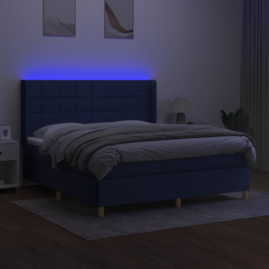 Box spring postel s matrací a LED modrá 180x200 cm textil