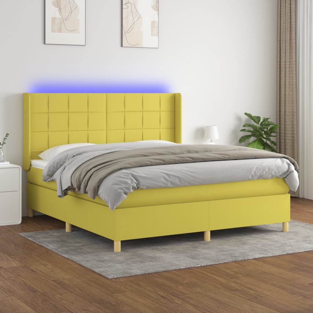 Box spring postel s matrací a LED zelená 180x200 cm textil