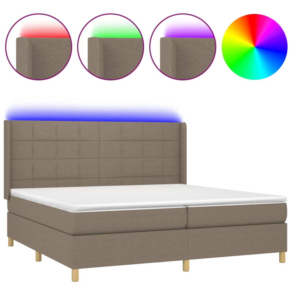 vidaXL Box spring postelja z vzmetnico LED taupe 200x200 cm blago